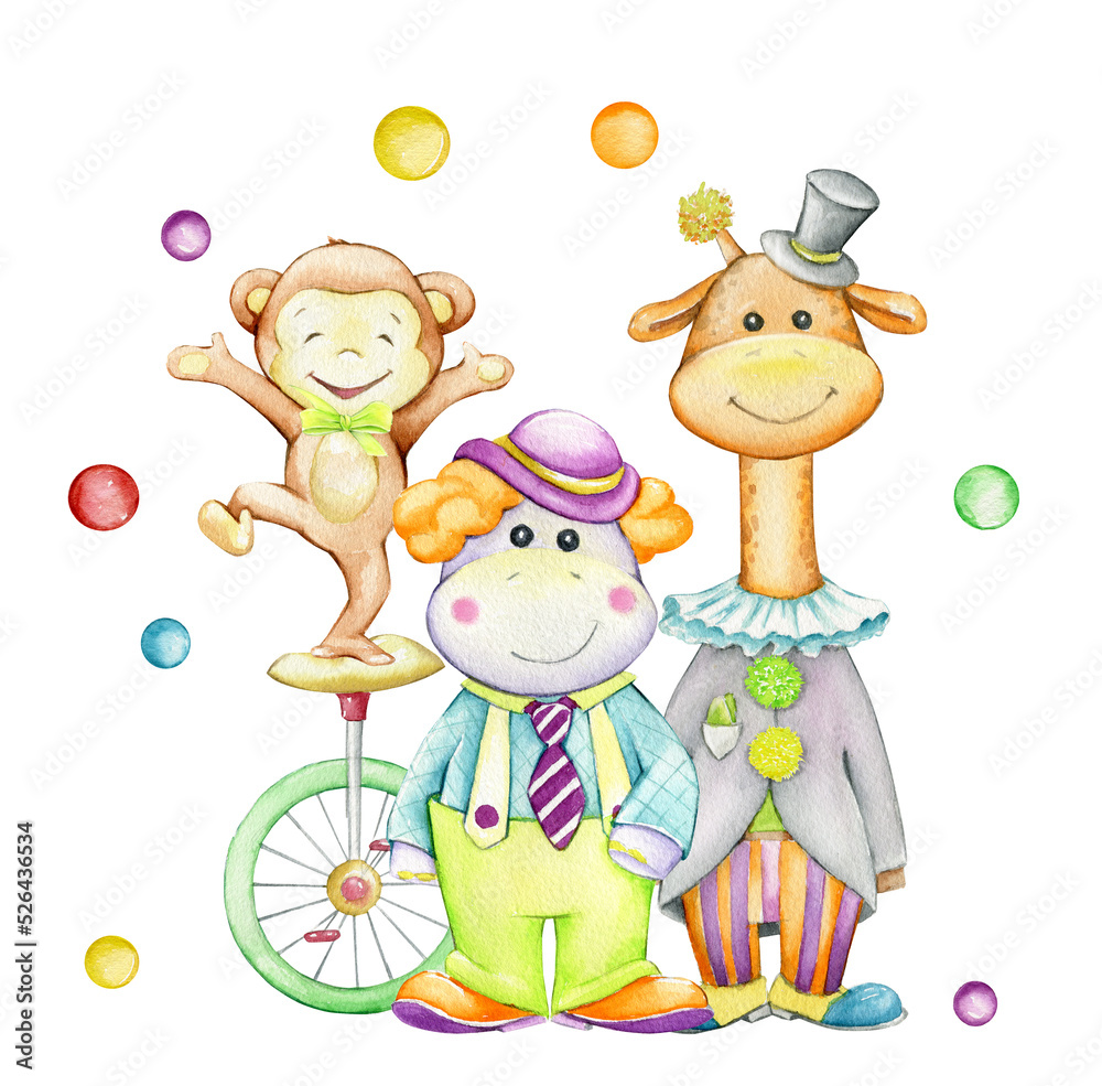 Cute, animals, in clown costumes, a juggler. Monkey, hippopotamus, giraffe.Watercolor clipart, in cartoon style, on an isolated background.