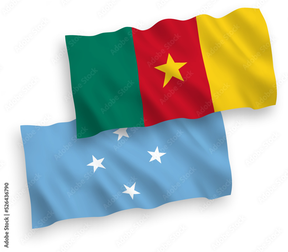 National vector fabric wave flags of Federated States of Micronesia and Cameroon isolated on white background. 1 to 2 proportion. National vector fabric wave flags of Federated States of Micronesia and Cameroon isolated on white background. 1 to 2 proportion.