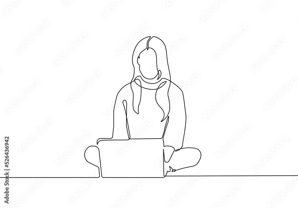 Continuous One Line Drawing of Businesswoman with Computer. Woman One Line Illustration. Female Line Abstract Portrait. Minimalist Contour Drawing. Vector EPS 10