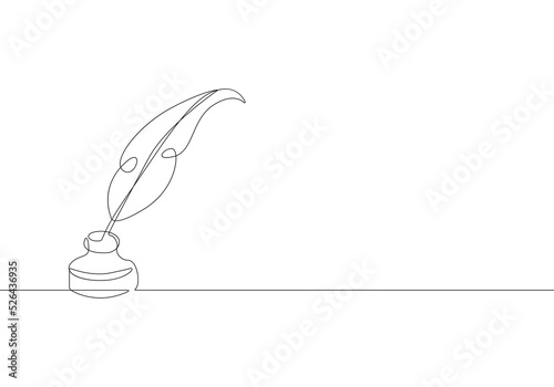 Inkwell with Pen Continuous One Line Drawing. Vintage Inkwell Single Line Art Illustration. Literature Concept Contour Drawing Vector Illustration. 