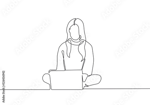 Continuous One Line Drawing of Businesswoman with Computer. Woman One Line Illustration. Female Line Abstract Portrait. Minimalist Contour Drawing. Vector EPS 10