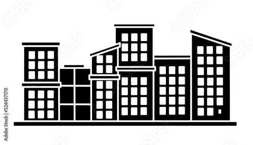 black and white illustration design of building icon isolated on white background