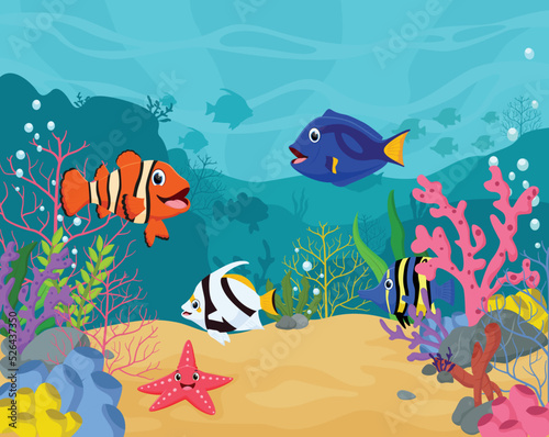 Underwater life of fish cartoon