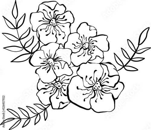 Black and white bouquet flowers and leaves. Doodle floral illustration. Vector illustration.