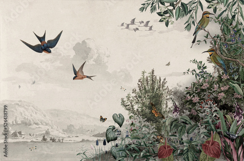 Obraz na plátně Vintage lake background with plants and birds flying and swallow in a landscape