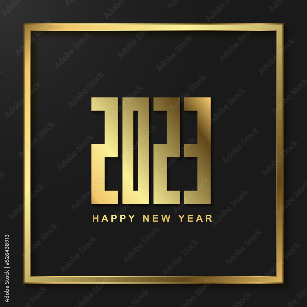 Happy new year 2023 with gold number on square black background