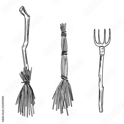 Halloween brooms and pitchfork set. Vector doddle illustration