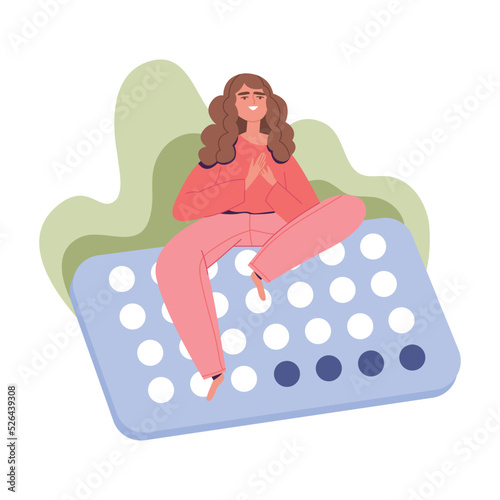 Happy young woman sits on a pack of hormonal contraceptives. Birth control pills. The concept of mental and reproductive health of a woman. Cartoon vector illustration isolated on white background.