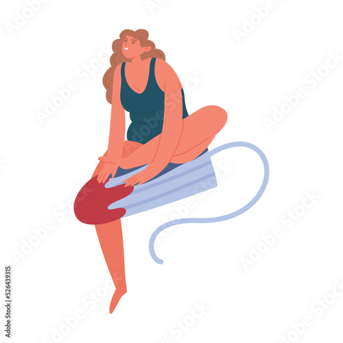 Menstruation clipart. Hygiene of women during the menstrual cycle. Woman uses a tampon during period. Women's health concept. Cartoon vector illustration isolated on white background.