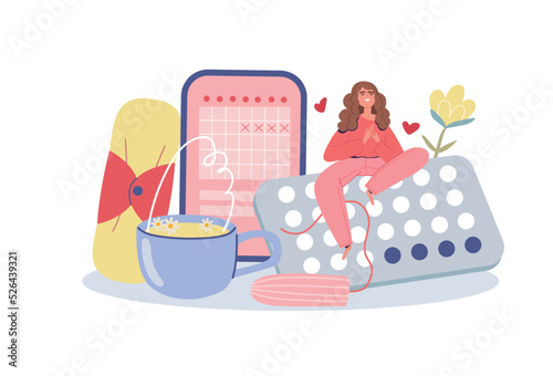 Menstruation theme. Feminine hygiene pad, soothing tea, tampon, calendar, hormonal pills. Women's health concept. Feminine hygiene products. Cartoon vector illustration isolated on white background.