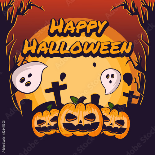 happy halloween background with pumpkin and ghost on spooky tree