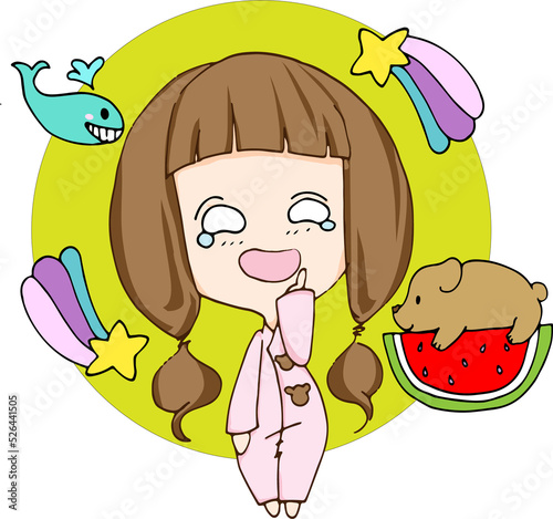 Little long hair girl character with smile.