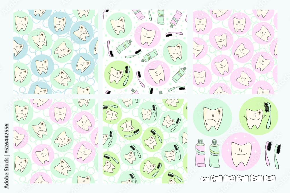 Set of childish seamless patterns and objects for dental care - cartoon dirty, clean teeth, toothpaste, brush Set of childish seamless patterns and objects for dental care - cartoon dirty, clean teeth, toothpaste, brush