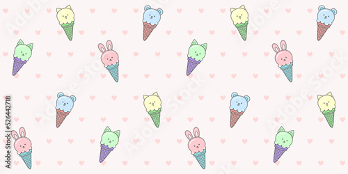 Colorful ice cream cones with cute animals on a pink background with small hearts. Endless texture with kawaii dessert characters. Vector seamless pattern for surface texture, wrapping paper and print