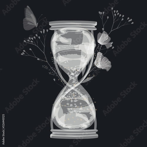 The hourglass of eternity. Vector stock illustration. Magical butterflies and flowers. Spirituality of the future. The mind. A mystical and mysterious postcard.