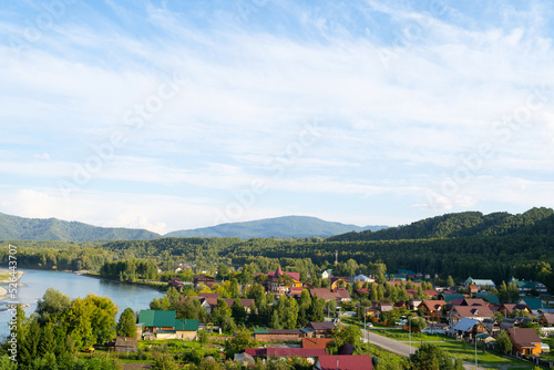 mountain village top view. mountains and river top view