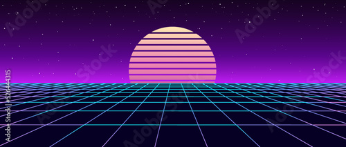 Digital retro landscape 1980s style. Futuristic cyber surface. 80s Retro Sci-Fi background. Album cover or banner in the style of the 80-90s Vector illustration.