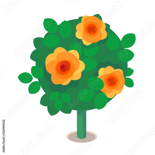 Stem rose for garden in a flat style. Flower for postcard design and landscape scenes. Nature and flora in yard, city. Vector illustration.