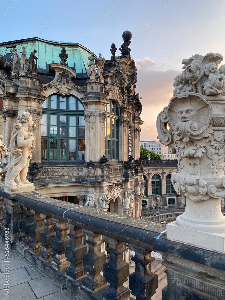 Dresden, Germany: The old city town of Dresden, the old beautiful german buildings, Zwinger castle. View of the Glockenspiel Pavillon carillon pavilion in the Zwinger,Clock pavilion with bells.