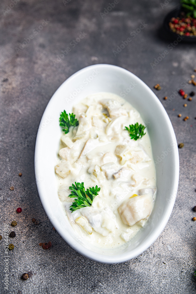 herring fish sour cream white sauce fresh meal food snack on the table copy space food background herring fish sour cream white sauce fresh meal food snack on the table copy space food background