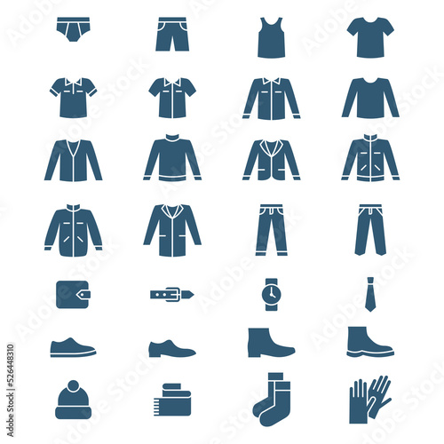 Set of men s clothes and accessories. Vector icons