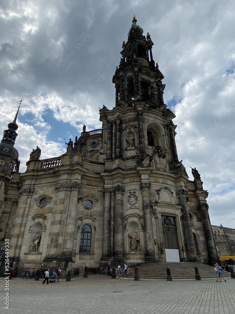 The ancient city of Dresden, Germany. Historical and cultural center. Exterior view of the Cathedral of the Holy Trinity, Katholische Hofkirche in the old town of Dresden, Germany.