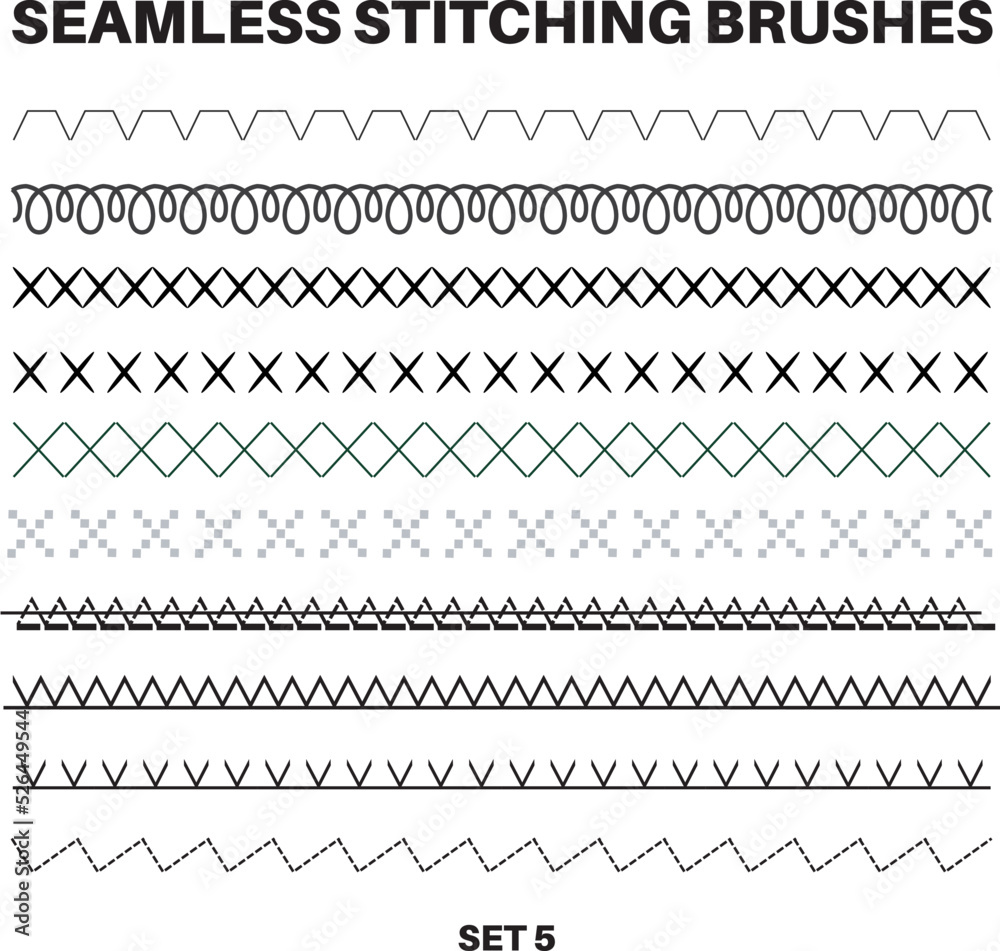 Seamless sewing stitch brush vector illustrator set, different types of