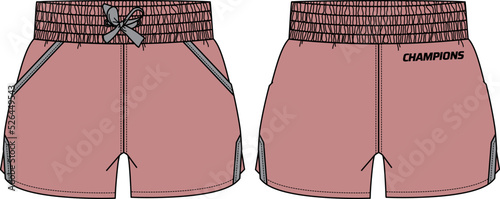 Women athletic Running trail Shorts design flat sketch fashion Illustration for girls and Ladies, Athletic shorts concept with front and back view for tracking active wear.