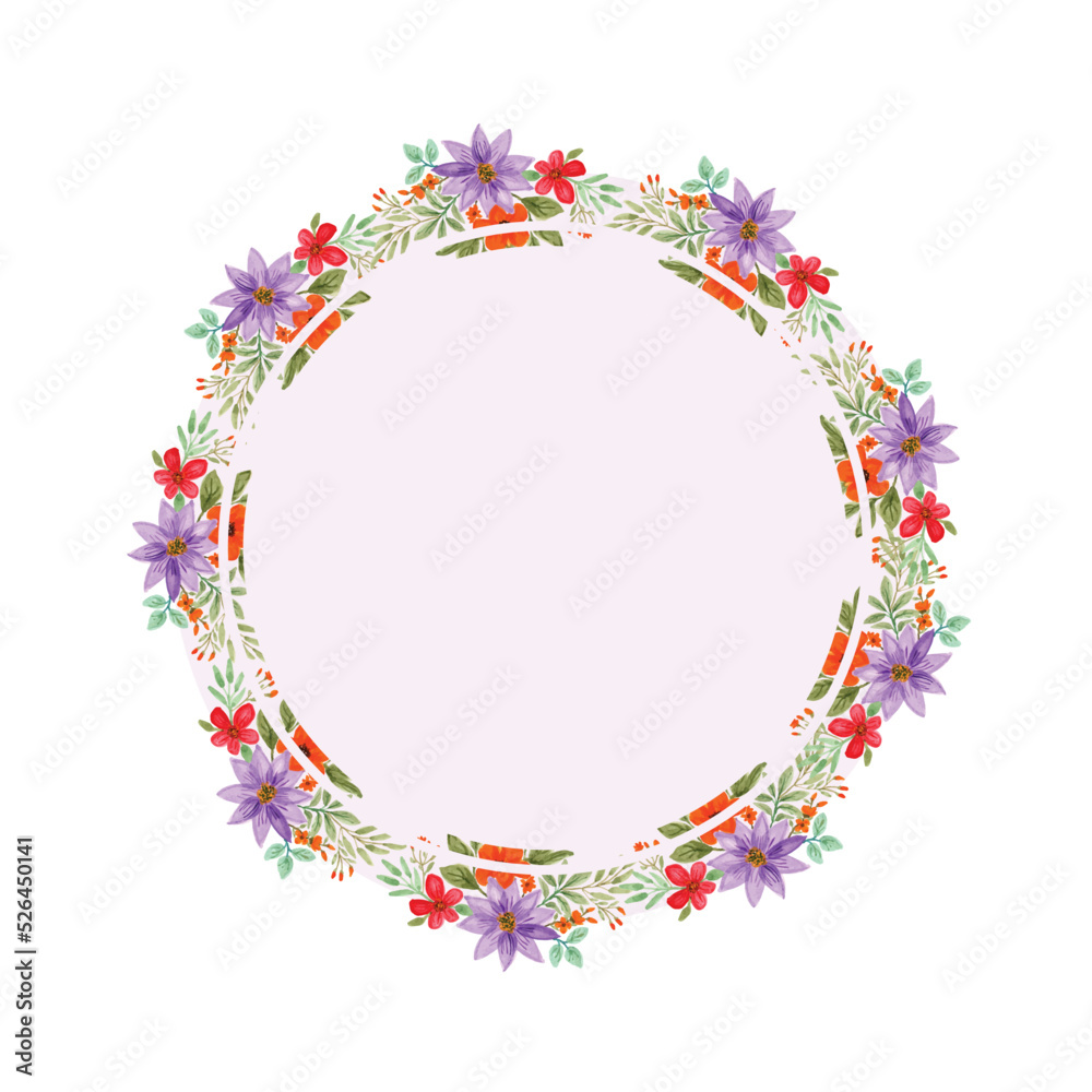 Thank you card with watercolor floral circle purple frame
