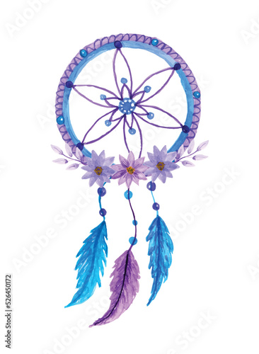 Purple watercolor floral dream catcher with flowers and feathers