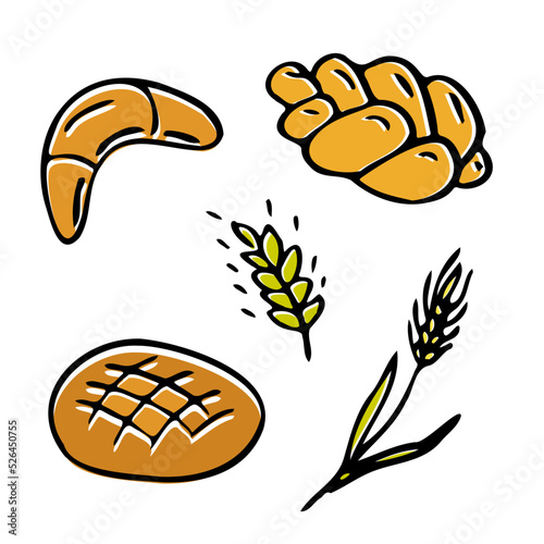 Bakery bread, buns, baguette and loaf . Cartoon illustration isolated on white background