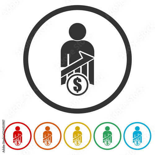 Employee salary increase icon. Set icons in color circle buttons