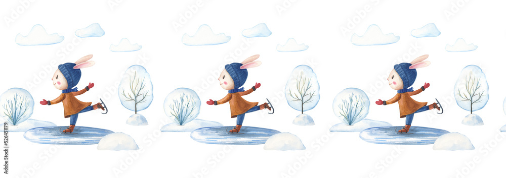 Bunny is skating in Winter. Watercolor border with Hare for children. Watercolour illustration