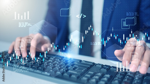 Hedge funds businessman typing on computer keyboard, financial investment stock exchange market data graph chart, company business growth management strategy technology