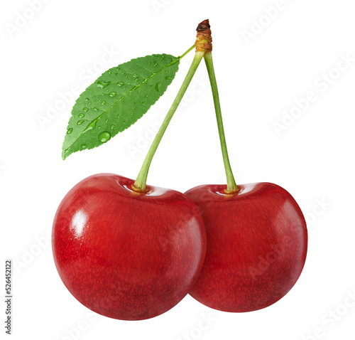 Canvas-taulu two fresh cherries with stem and leaf