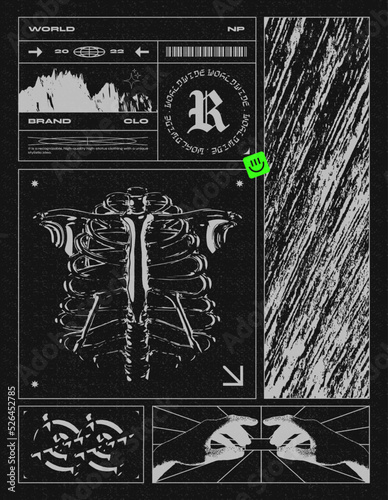 Retro futuristic poster with human skeleton ribs and grunge textures. Fashionable print for clothes, t-shirts, hoodies and sweaters. Isolated on black background