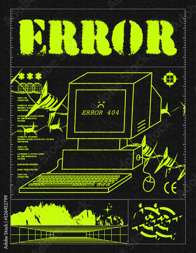 Retro futuristic poster with desktop computer and error 404. Trendy grunge print for clothes, t-shirts, hoodies and sweaters. Isolated on black background
