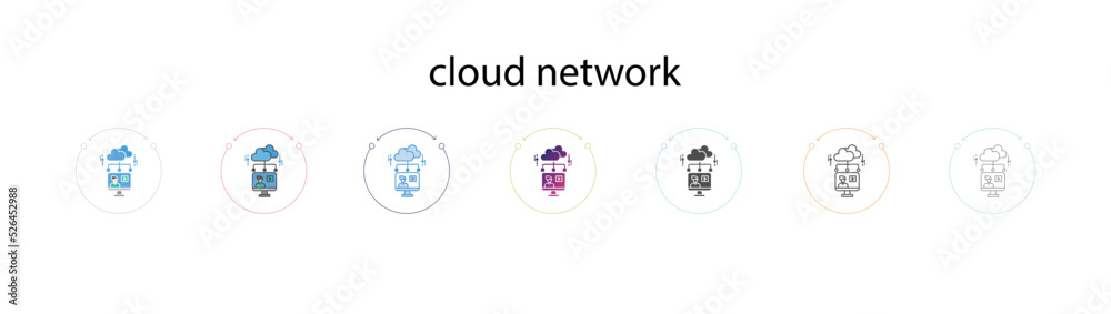cloud network icon in filled, thin line, outline, gradient and stroke style. Vector illustration of four colored and black cloud network vector icons designs can be used for mobile, ui, web