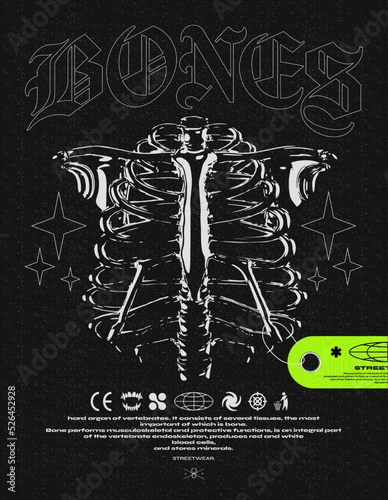 Retro futuristic poster with human skeleton and acid label. Trendy grunge print for clothes, t-shirts, hoodies and sweaters. Isolated on black background