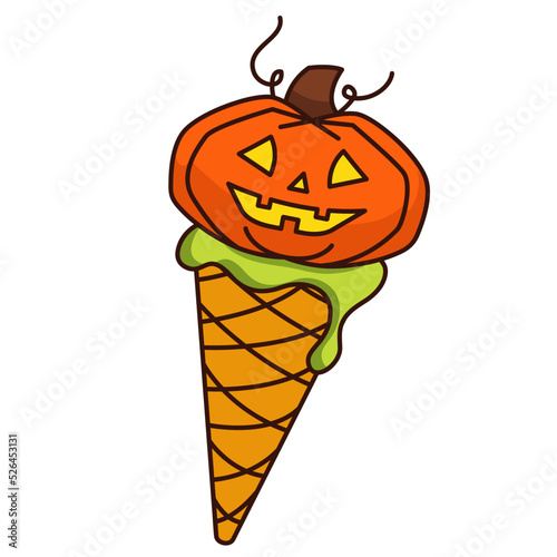 Pumpkin ice cream. Halloween candy. Cute pumpkin in a waffle cone.