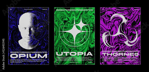 Abstract bright posters with graphics and grunge texture. In techno style, a set of trendy retro posters. Isolated on black background
