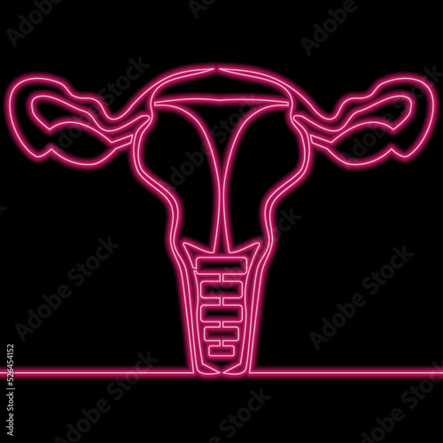 Continuous line drawing Uterus and ovaries Female reproductive system symbol icon neon glow vector illustration concept