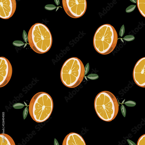 Cartoon style seamless pattern with Fortunella or Kumquat or orange exotic fruits and leafs on black background for print, cloth texture or wallpaper