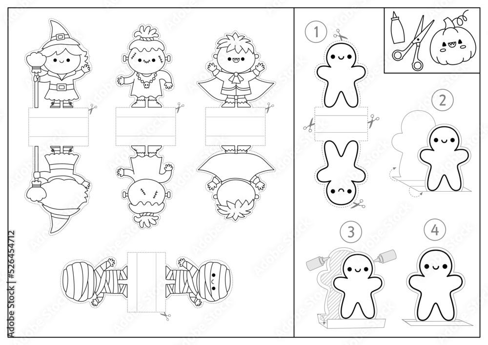 Vector black and white Halloween paper dolls set. Cute finger puppets or chips with witch, vampire, monster. Autumn or fall holiday cut out craft cards. Simple printable game or coloring page. Vector black and white Halloween paper dolls set. Cute finger puppets or chips with witch, vampire, monster. Autumn or fall holiday cut out craft cards. Simple printable game or coloring page.