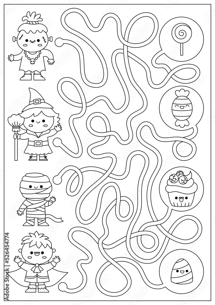 Halloween black and white maze for kids. Autumn holiday line preschool printable activity with cute kawaii children, sweets. Scary labyrinth coloring page. Trick or treat costume party worksheet.