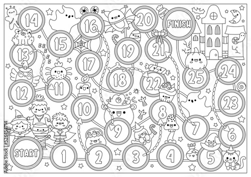 Halloween black and white board game for children with haunted house and cute kawaii children. Autumn holiday party boardgame with witch, ghost. Printable activity or coloring page.