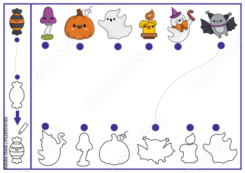 Halloween shape matching, coloring and drawing activity. Autumn holiday puzzle with cute kawaii ghost, pumpkin, bat. Find correct silhouette printable worksheet. All saints day page for kids.