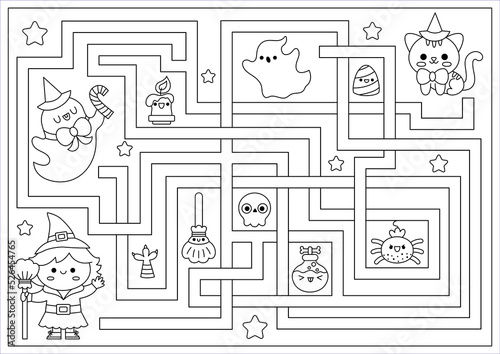 Halloween black and white maze for kids. Autumn holiday line preschool printable activity with cute kawaii witch, cat, ghost. Scary labyrinth coloring page with cute characters.