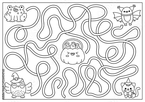 Halloween black and white maze for kids. Autumn holiday preschool line printable activity with cute kawaii animals and pumpkin with sweets. Scary labyrinth game. Trick or treat coloring page.