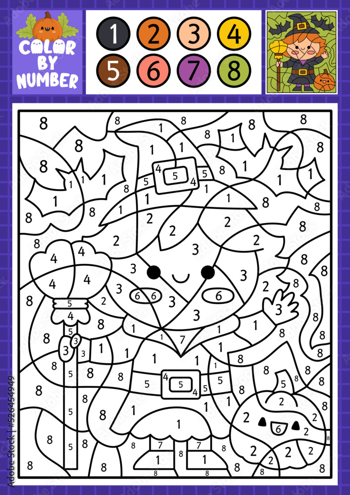 Vector Halloween color by number activity with cute kawaii witch and pumpkin. Autumn scary holiday scene. Black and white counting game with spooky cottage. Trick or treat coloring page for kids.